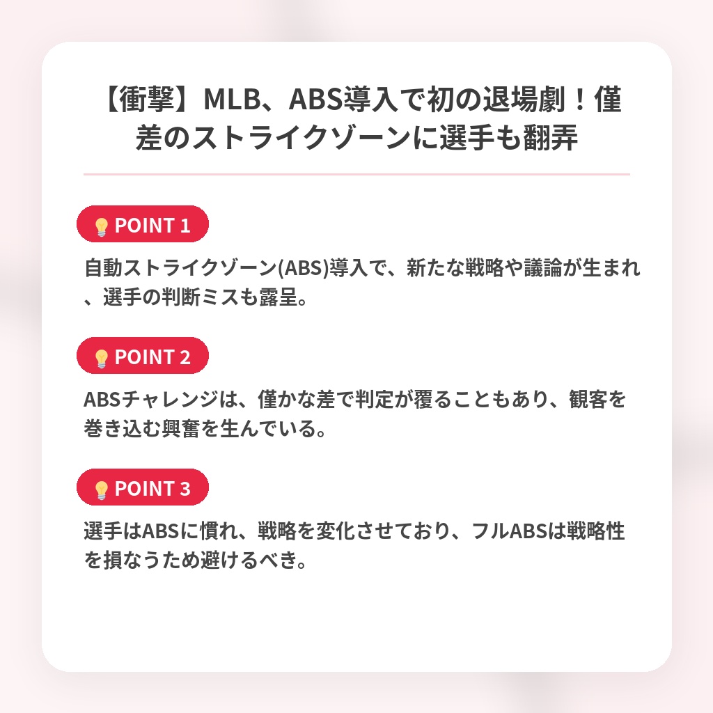【衝撃】MLB、ABS導入で初の退場劇！僅差のストライクゾーンに選手も翻弄の注目ポイントまとめ