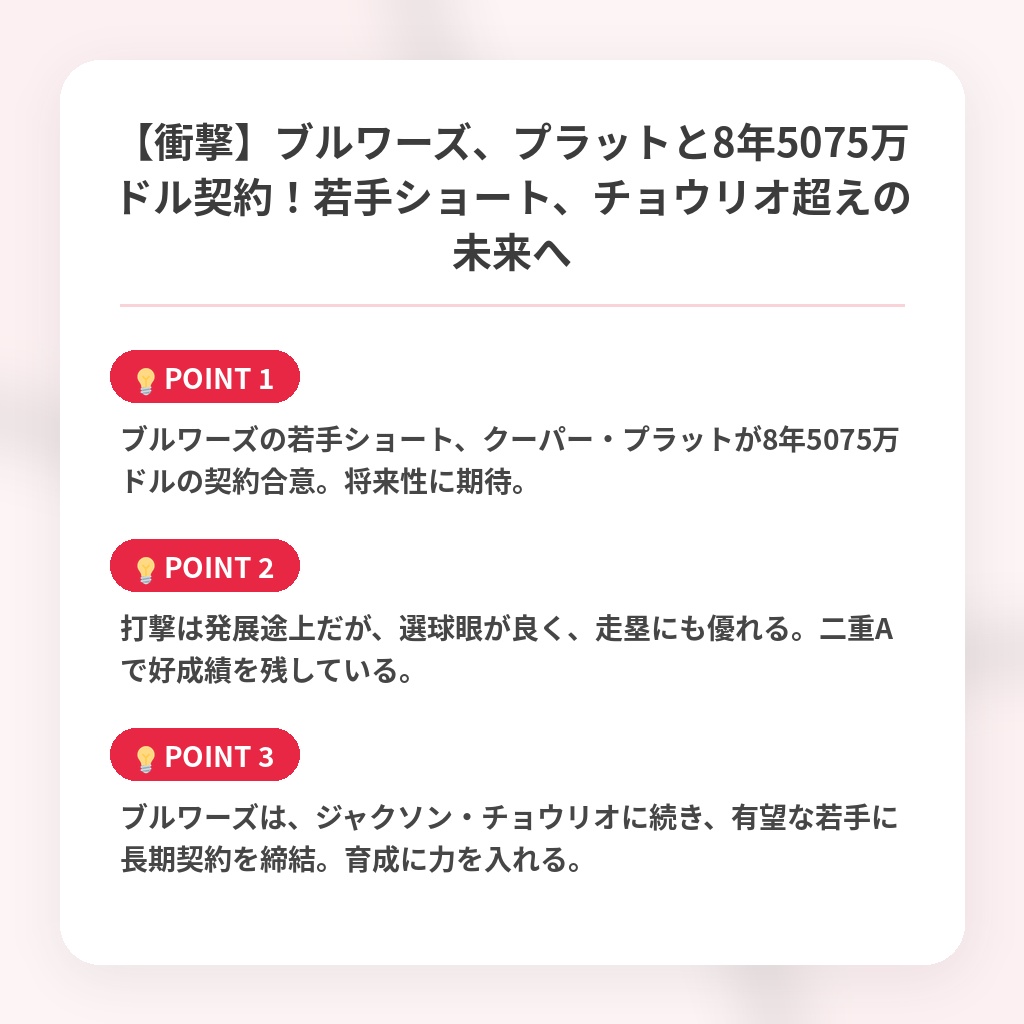 【衝撃】ブルワーズ、プラットと8年5075万ドル契約!若手ショート、チョウリオ超えの未来への注目ポイントまとめ