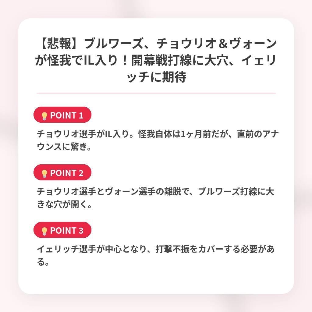 【悲報】ブルワーズ、チョウリオ&ヴォーンが怪我でIL入り!開幕戦打線に大穴、イェリッチに期待の注目ポイントまとめ