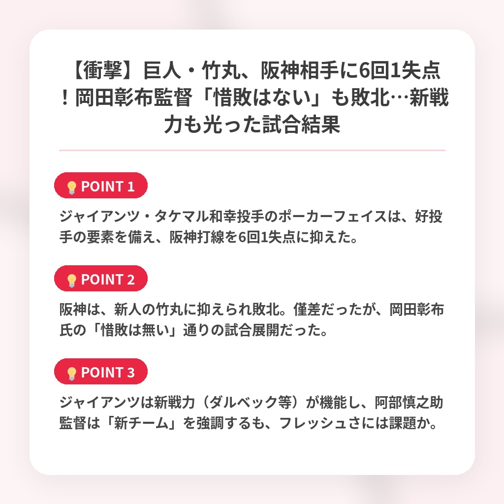 【衝撃】巨人・竹丸、阪神相手に6回1失点!岡田彰布監督「惜敗はない」も敗北…新戦力も光った試合結果の注目ポイントまとめ