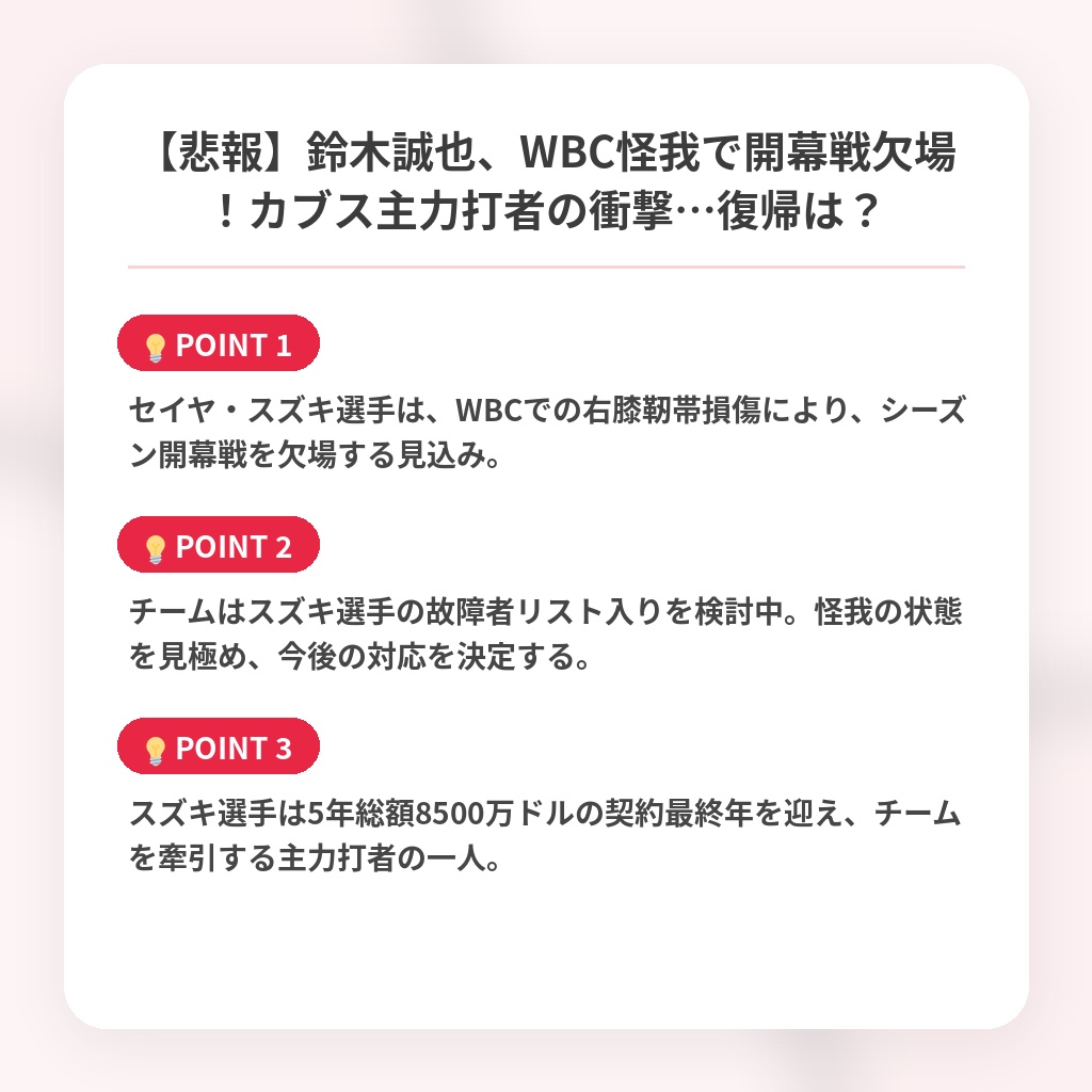 【悲報】鈴木誠也、WBC怪我で開幕戦欠場！カブス主力打者の衝撃…復帰は？の注目ポイントまとめ