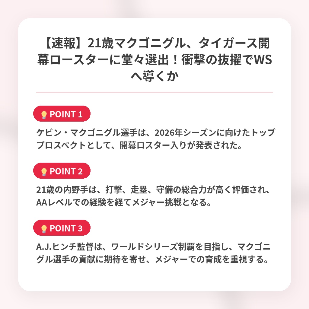 【速報】21歳マクゴニグル、タイガース開幕ロースターに堂々選出！衝撃の抜擢でWSへ導くかの注目ポイントまとめ
