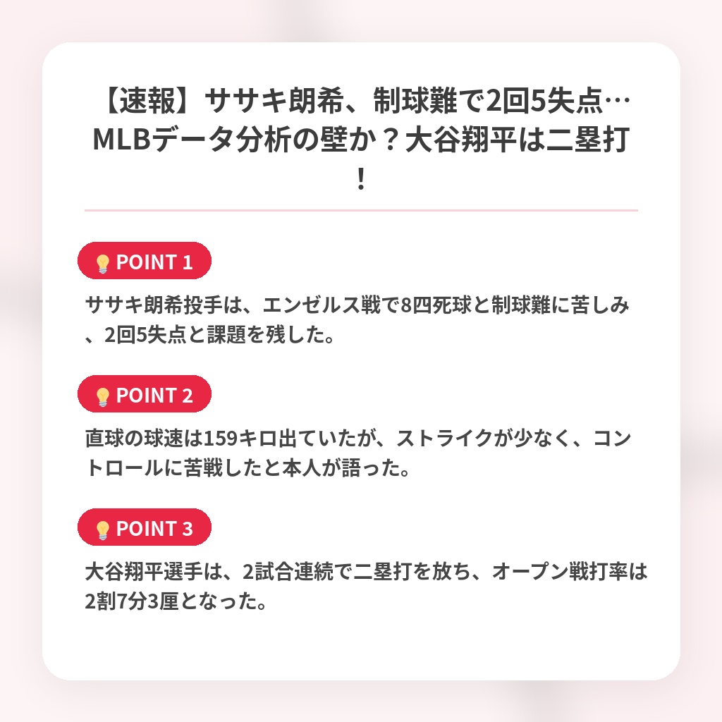 【速報】ササキ朗希、制球難で2回5失点…MLBデータ分析の壁か？大谷翔平は二塁打！の注目ポイントまとめ