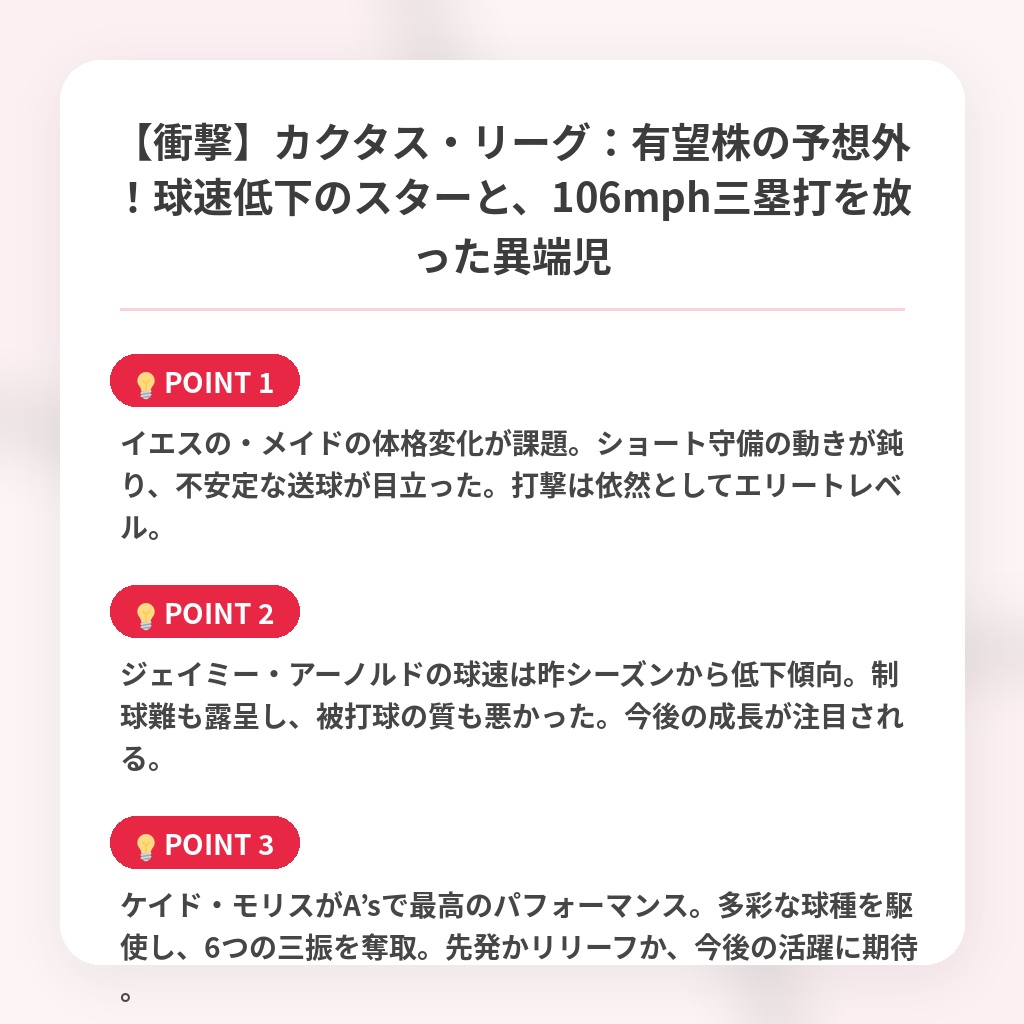 【衝撃】カクタス・リーグ：有望株の予想外！球速低下のスターと、106mph三塁打を放った異端児の注目ポイントまとめ
