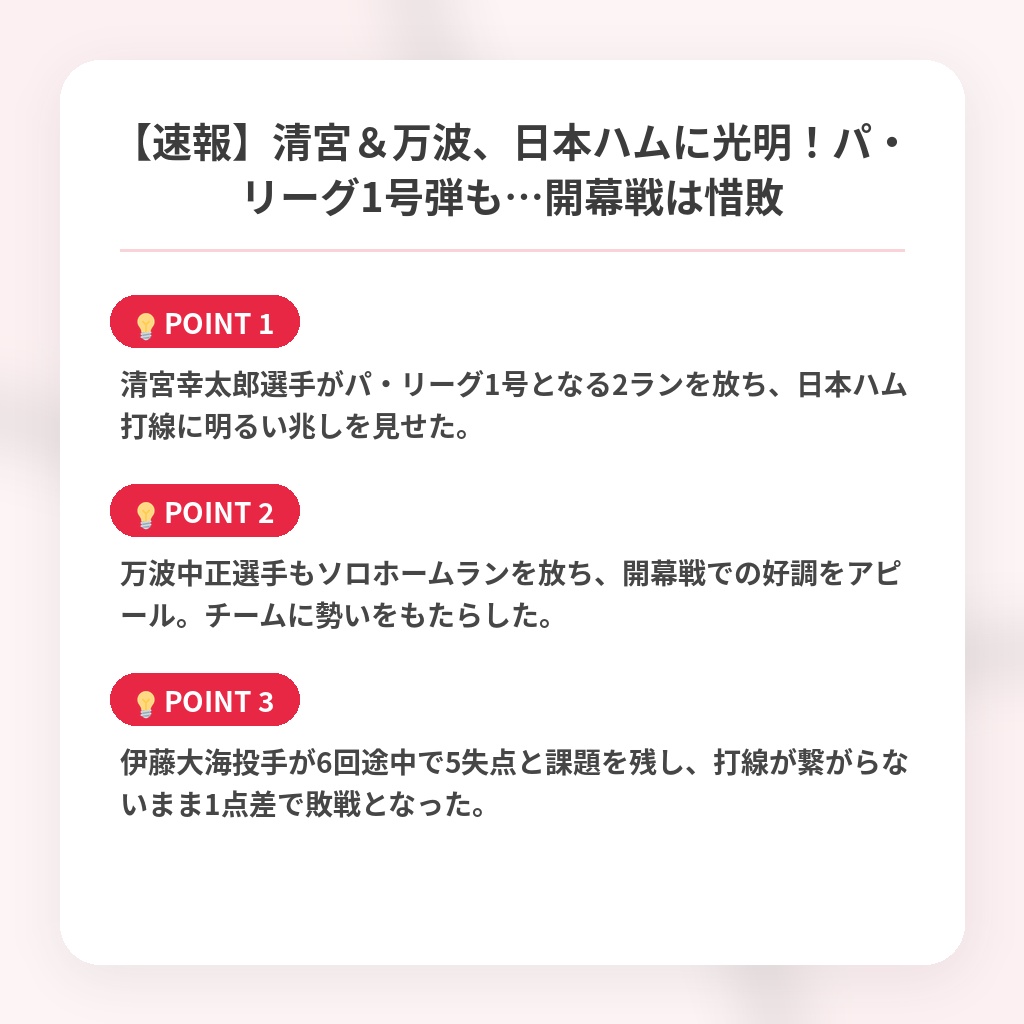 【速報】清宮&万波、日本ハムに光明!パ・リーグ1号弾も…開幕戦は惜敗の注目ポイントまとめ