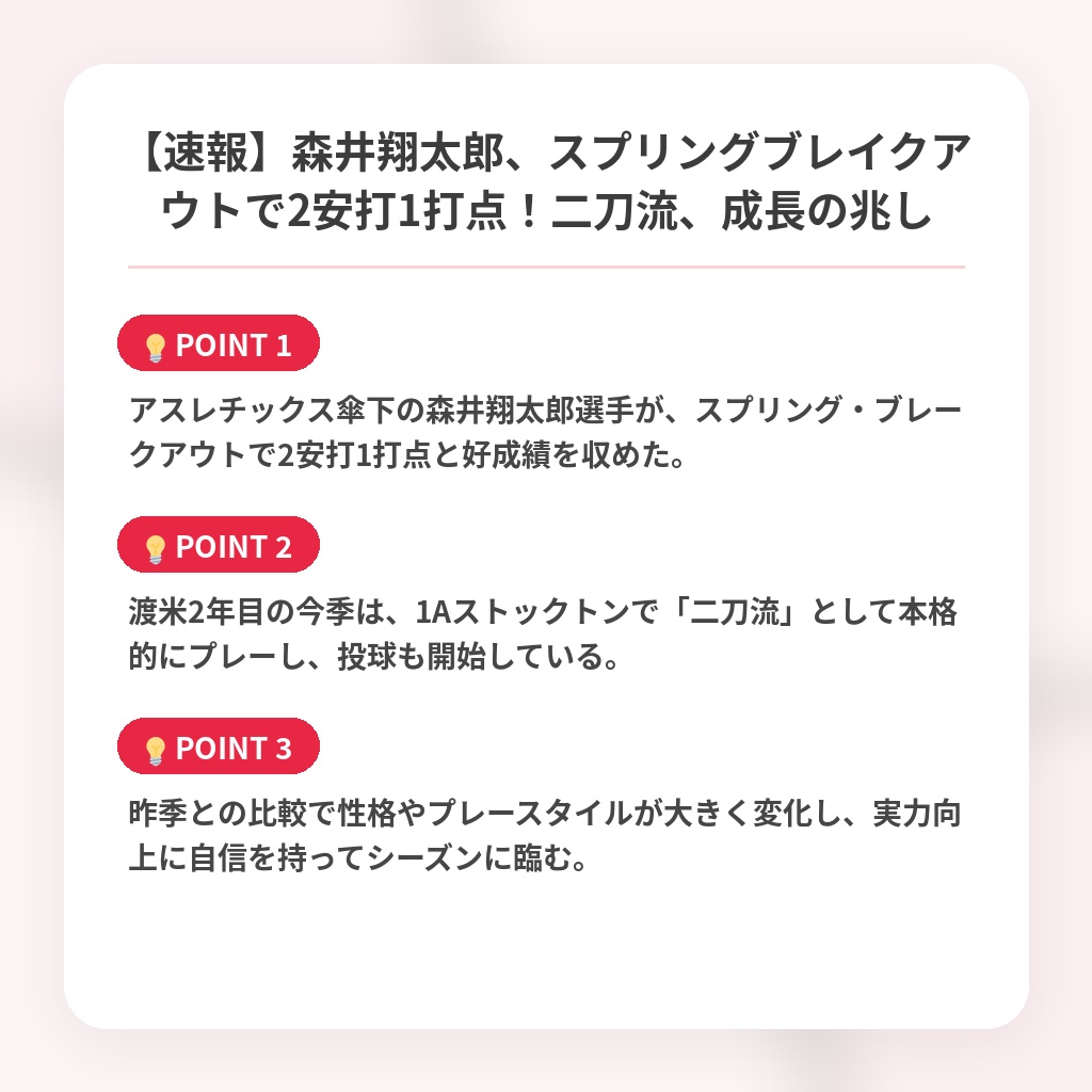 【速報】森井翔太郎、スプリングブレイクアウトで2安打1打点！二刀流、成長の兆しの注目ポイントまとめ