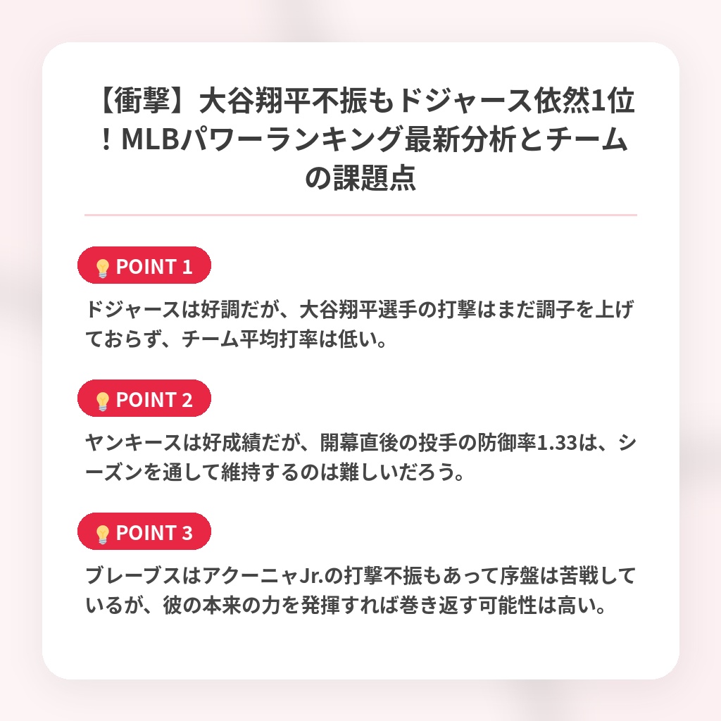 【衝撃】大谷翔平不振もドジャース依然1位！MLBパワーランキング最新分析とチームの課題点の注目ポイントまとめ