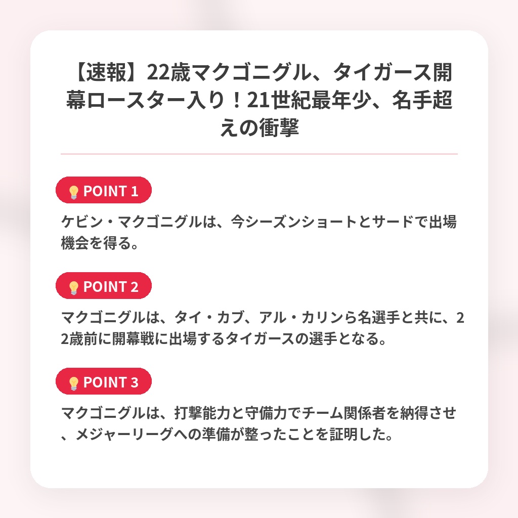 【速報】22歳マクゴニグル、タイガース開幕ロースター入り！21世紀最年少、名手超えの衝撃の注目ポイントまとめ