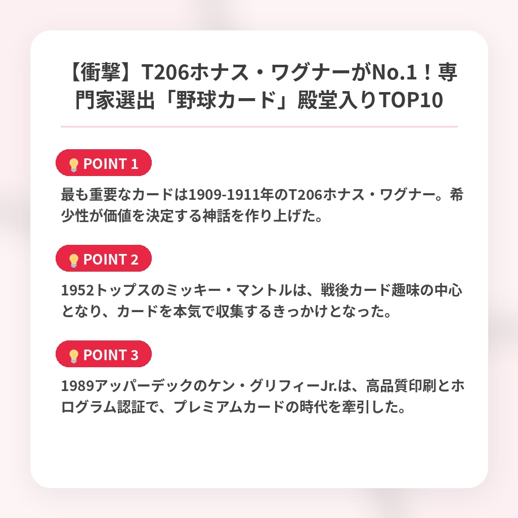 【衝撃】T206ホナス・ワグナーがNo.1！専門家選出「野球カード」殿堂入りTOP10の注目ポイントまとめ