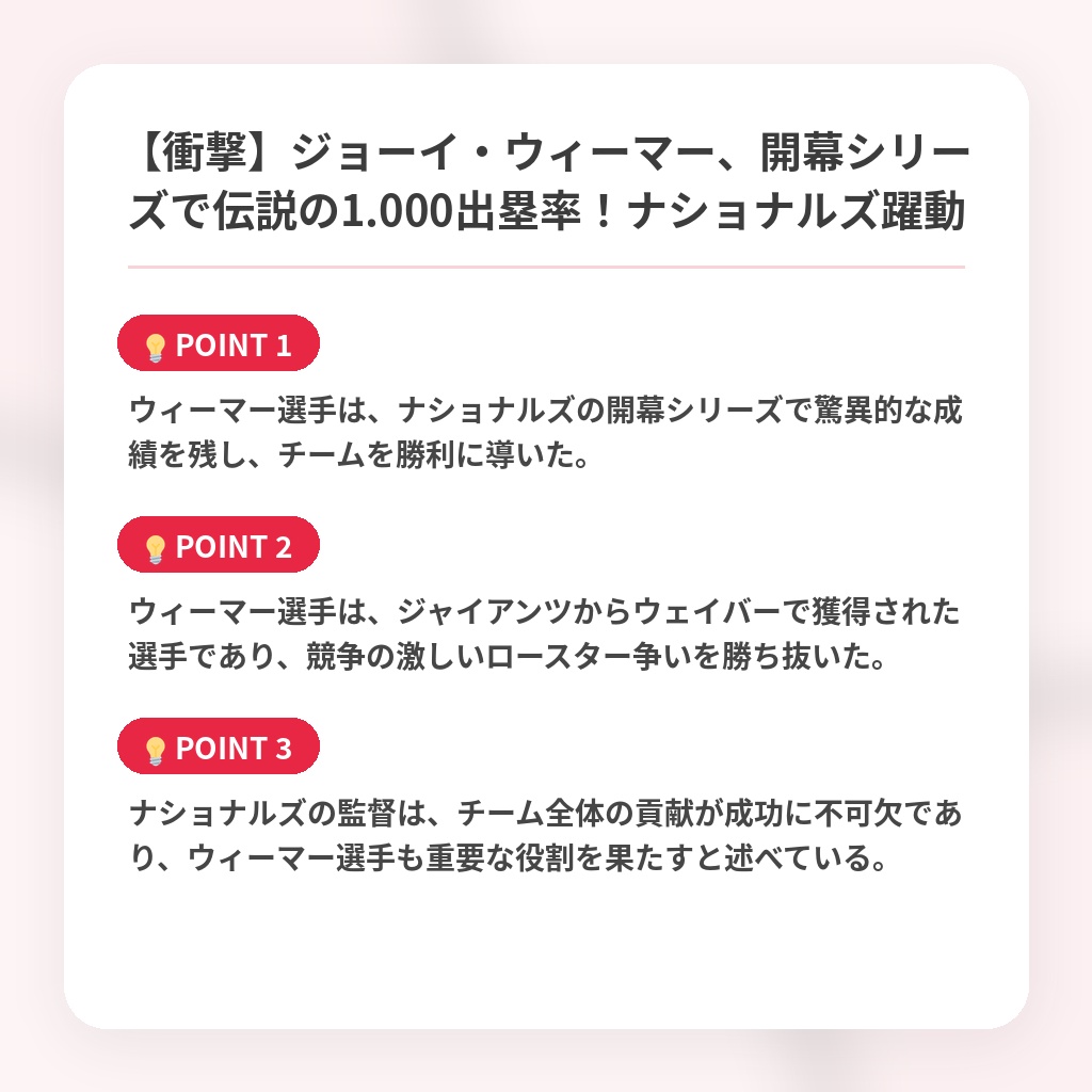 【衝撃】ジョーイ・ウィーマー、開幕シリーズで伝説の1.000出塁率！ナショナルズ躍動の注目ポイントまとめ