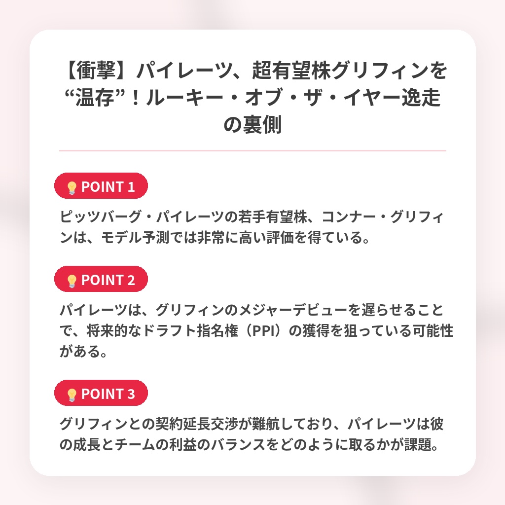 【衝撃】パイレーツ、超有望株グリフィンを“温存”!ルーキー・オブ・ザ・イヤー逸走の裏側の注目ポイントまとめ