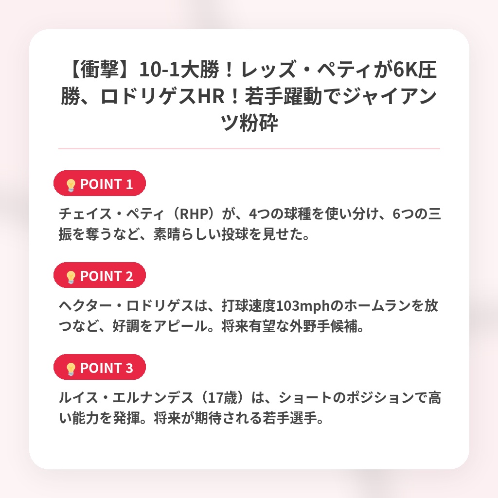 【衝撃】10-1大勝！レッズ・ペティが6K圧勝、ロドリゲスHR！若手躍動でジャイアンツ粉砕の注目ポイントまとめ