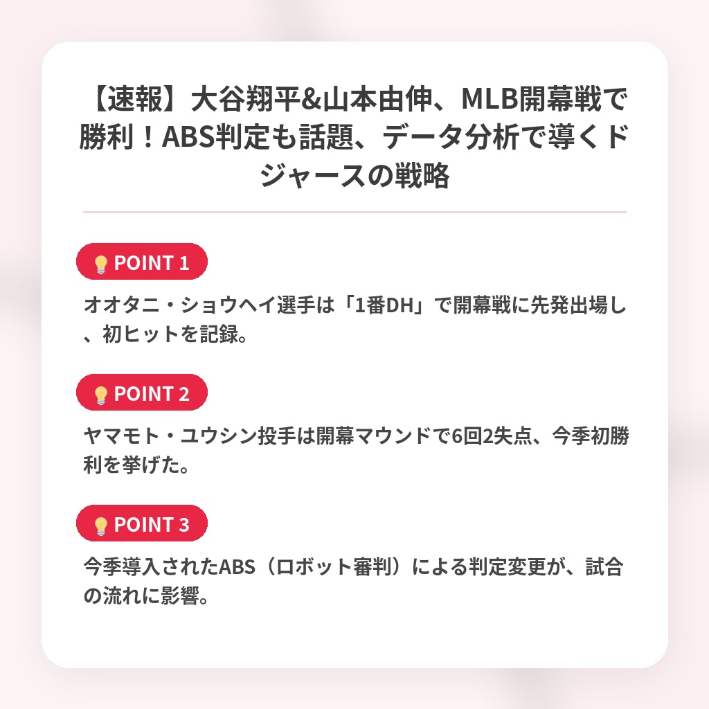 【速報】大谷翔平&山本由伸、MLB開幕戦で勝利！ABS判定も話題、データ分析で導くドジャースの戦略の注目ポイントまとめ