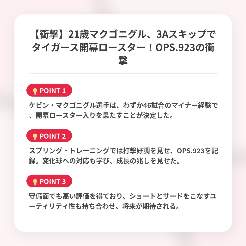 【衝撃】21歳マクゴニグル、3Aスキップでタイガース開幕ロースター！OPS.923の衝撃の注目ポイントまとめ