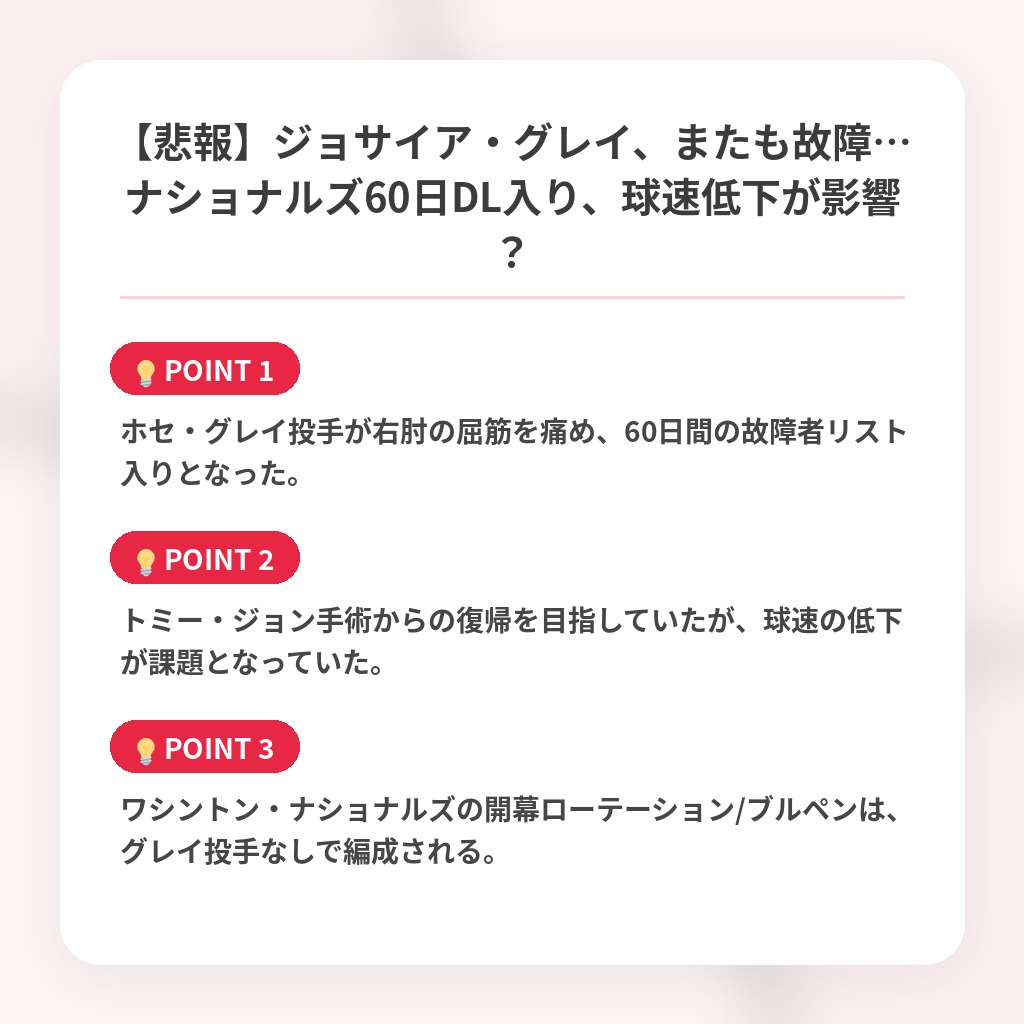 【悲報】ジョサイア・グレイ、またも故障…ナショナルズ60日DL入り、球速低下が影響？の注目ポイントまとめ
