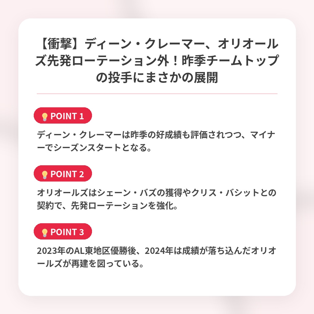 【衝撃】ディーン・クレーマー、オリオールズ先発ローテーション外！昨季チームトップの投手にまさかの展開の注目ポイントまとめ