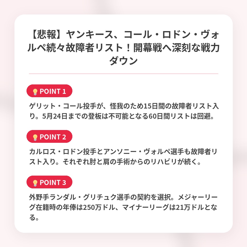【悲報】ヤンキース、コール・ロドン・ヴォルペ続々故障者リスト！開幕戦へ深刻な戦力ダウンの注目ポイントまとめ