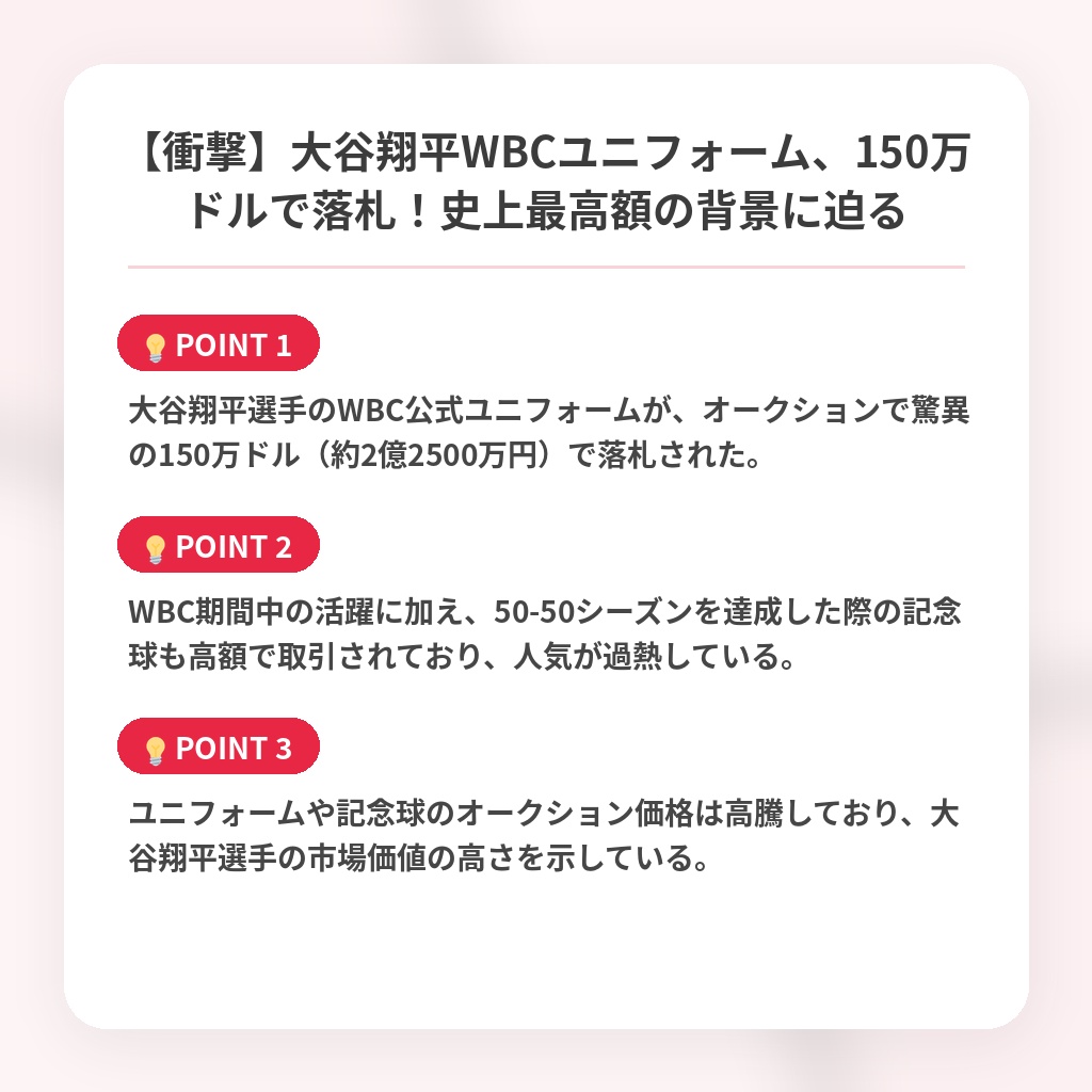 【衝撃】大谷翔平WBCユニフォーム、150万ドルで落札!史上最高額の背景に迫るの注目ポイントまとめ