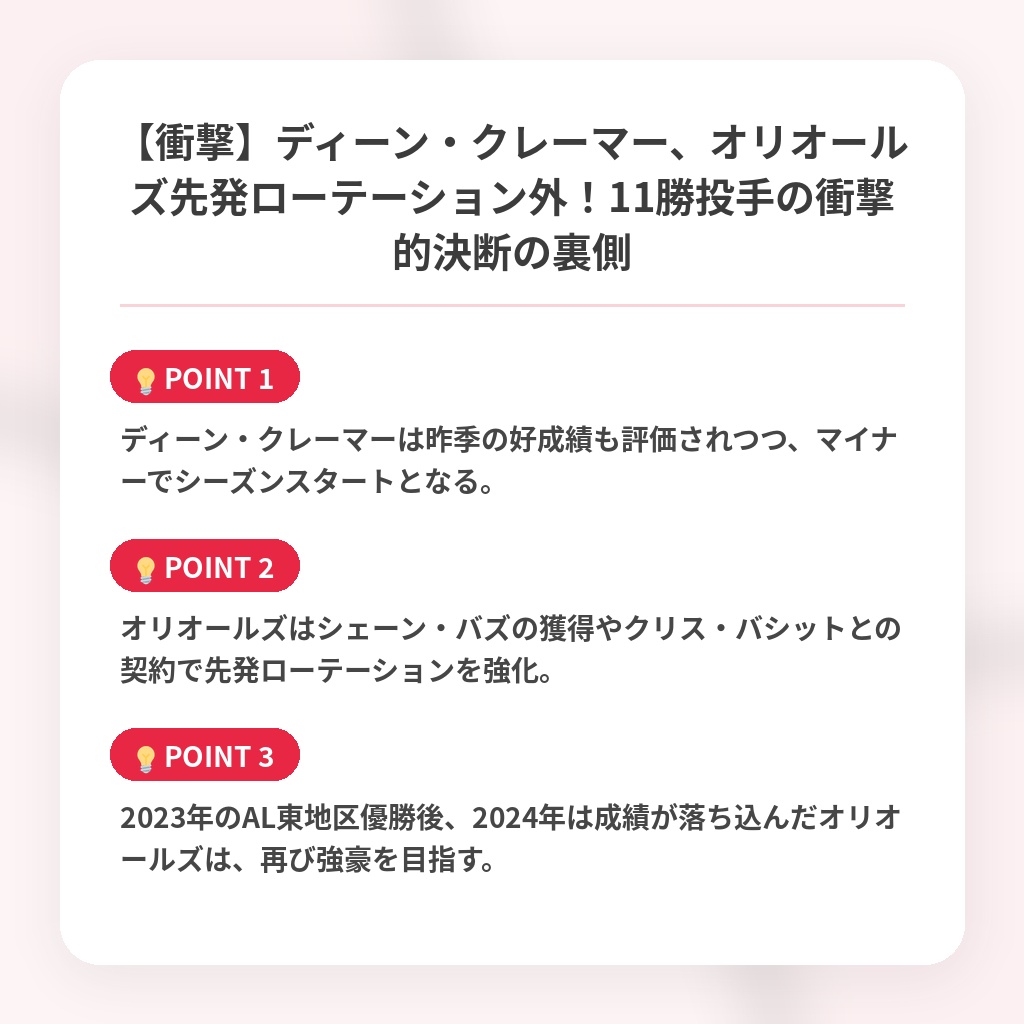 【衝撃】ディーン・クレーマー、オリオールズ先発ローテーション外!11勝投手の衝撃的決断の裏側の注目ポイントまとめ