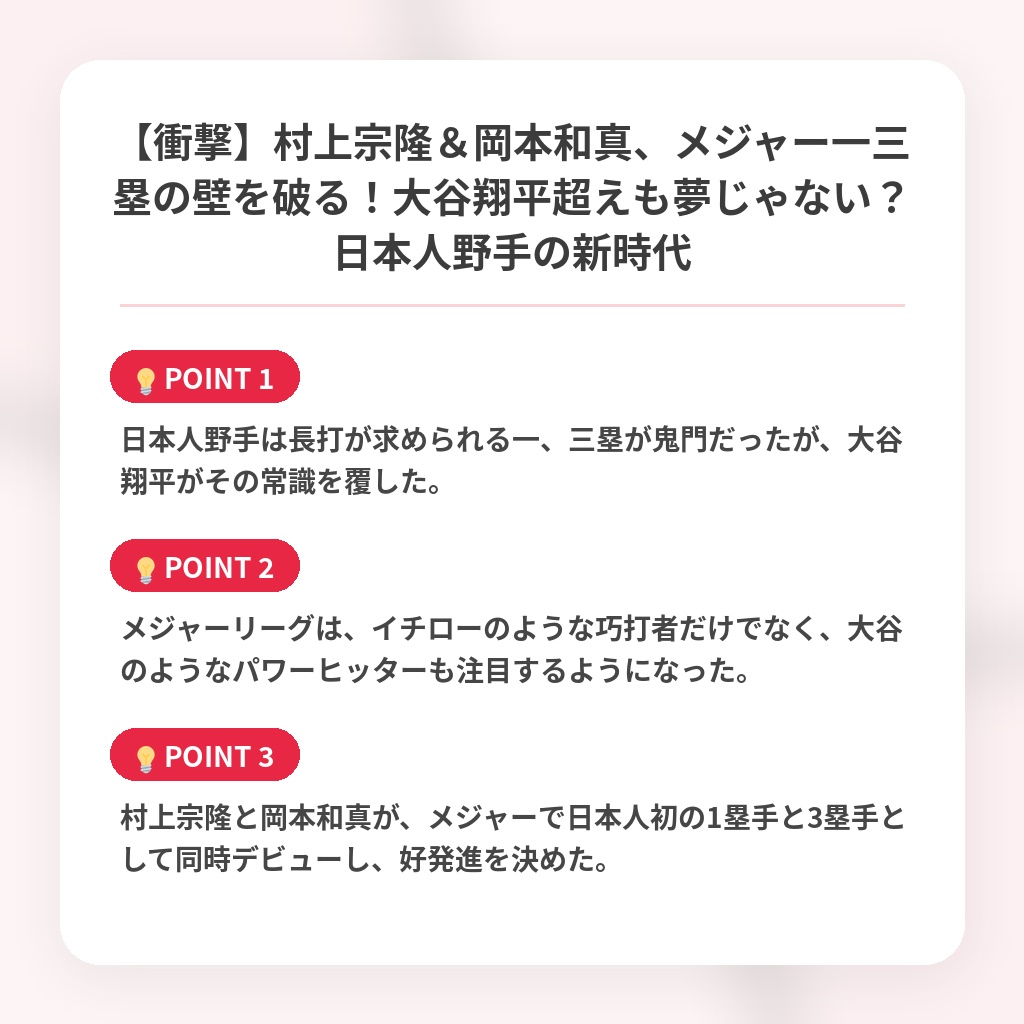 【衝撃】村上宗隆＆岡本和真、メジャー一三塁の壁を破る！大谷翔平超えも夢じゃない？日本人野手の新時代の注目ポイントまとめ
