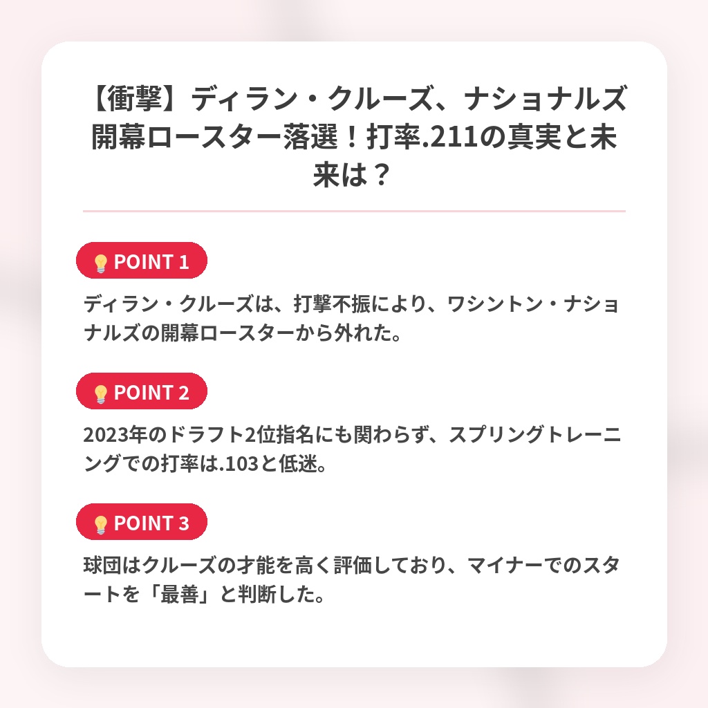 【衝撃】ディラン・クルーズ、ナショナルズ開幕ロースター落選！打率.211の真実と未来は？の注目ポイントまとめ