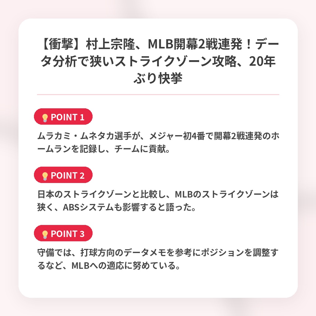 【衝撃】村上宗隆、MLB開幕2戦連発！データ分析で狭いストライクゾーン攻略、20年ぶり快挙の注目ポイントまとめ