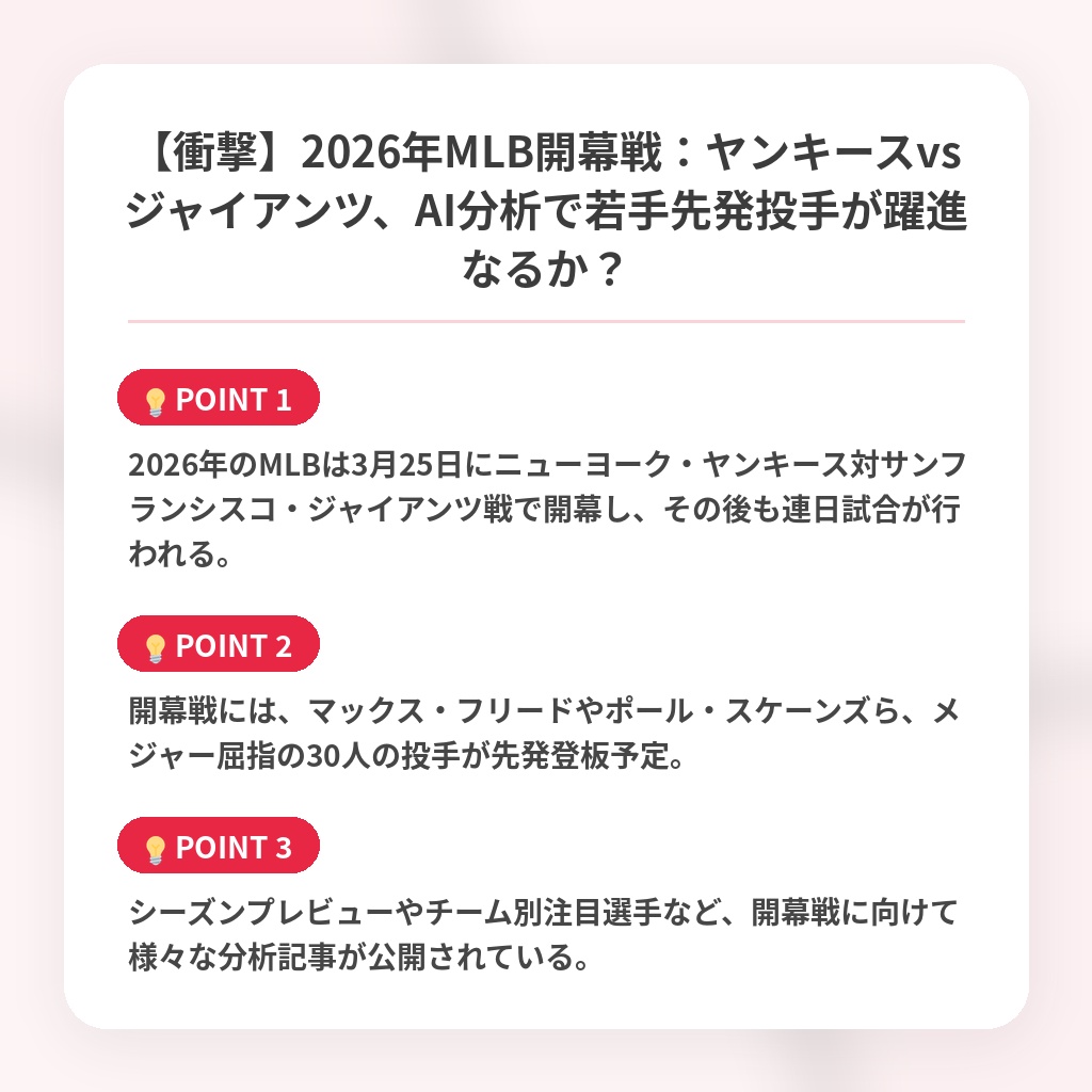 【衝撃】2026年MLB開幕戦：ヤンキースvsジャイアンツ、AI分析で若手先発投手が躍進なるか？の注目ポイントまとめ