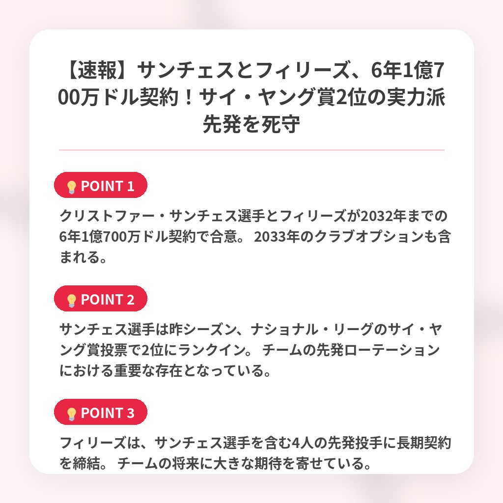 【速報】サンチェスとフィリーズ、6年1億700万ドル契約!サイ・ヤング賞2位の実力派先発を死守の注目ポイントまとめ