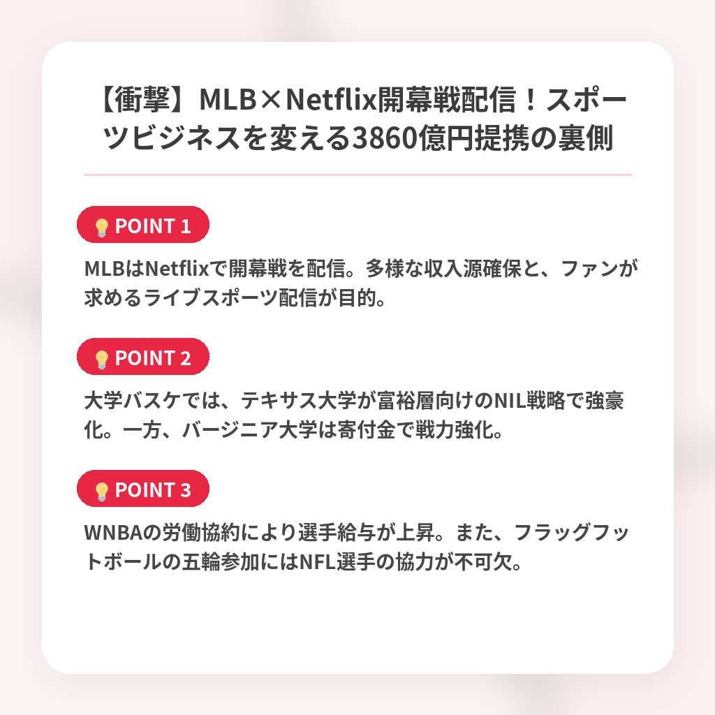 【衝撃】MLB×Netflix開幕戦配信！スポーツビジネスを変える3860億円提携の裏側の注目ポイントまとめ