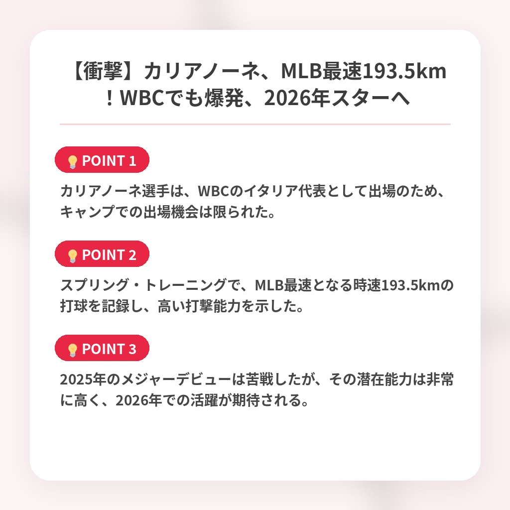 【衝撃】カリアノーネ、MLB最速193.5km！WBCでも爆発、2026年スターへの注目ポイントまとめ