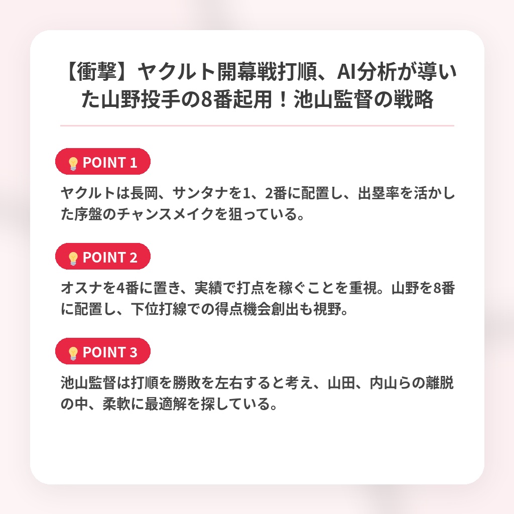【衝撃】ヤクルト開幕戦打順、AI分析が導いた山野投手の8番起用！池山監督の戦略の注目ポイントまとめ