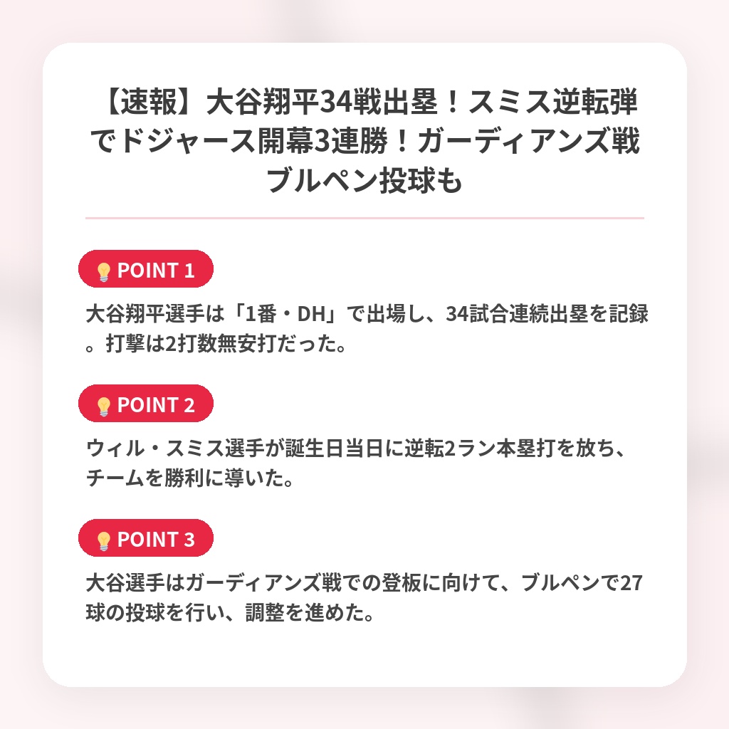【速報】大谷翔平34戦出塁！スミス逆転弾でドジャース開幕3連勝！ガーディアンズ戦ブルペン投球もの注目ポイントまとめ