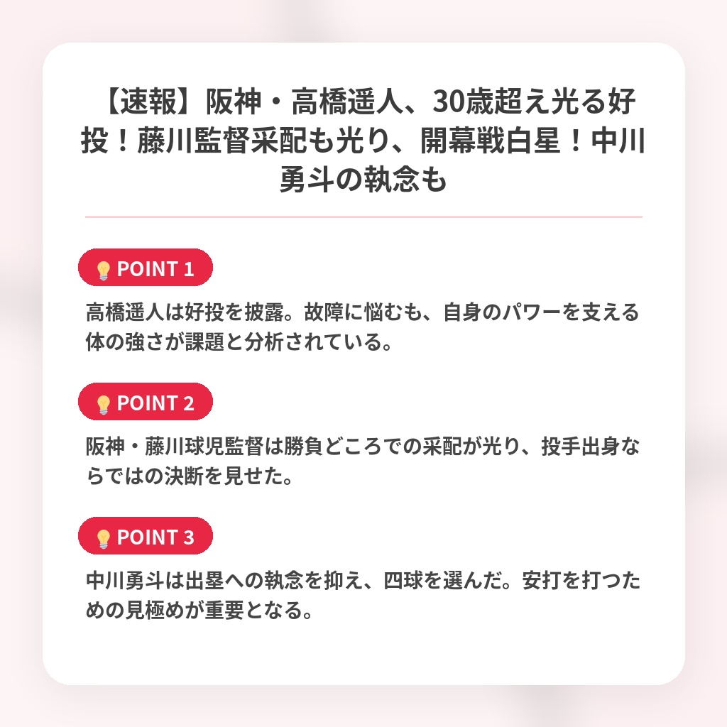 【速報】阪神・高橋遥人、30歳超え光る好投！藤川監督采配も光り、開幕戦白星！中川勇斗の執念もの注目ポイントまとめ