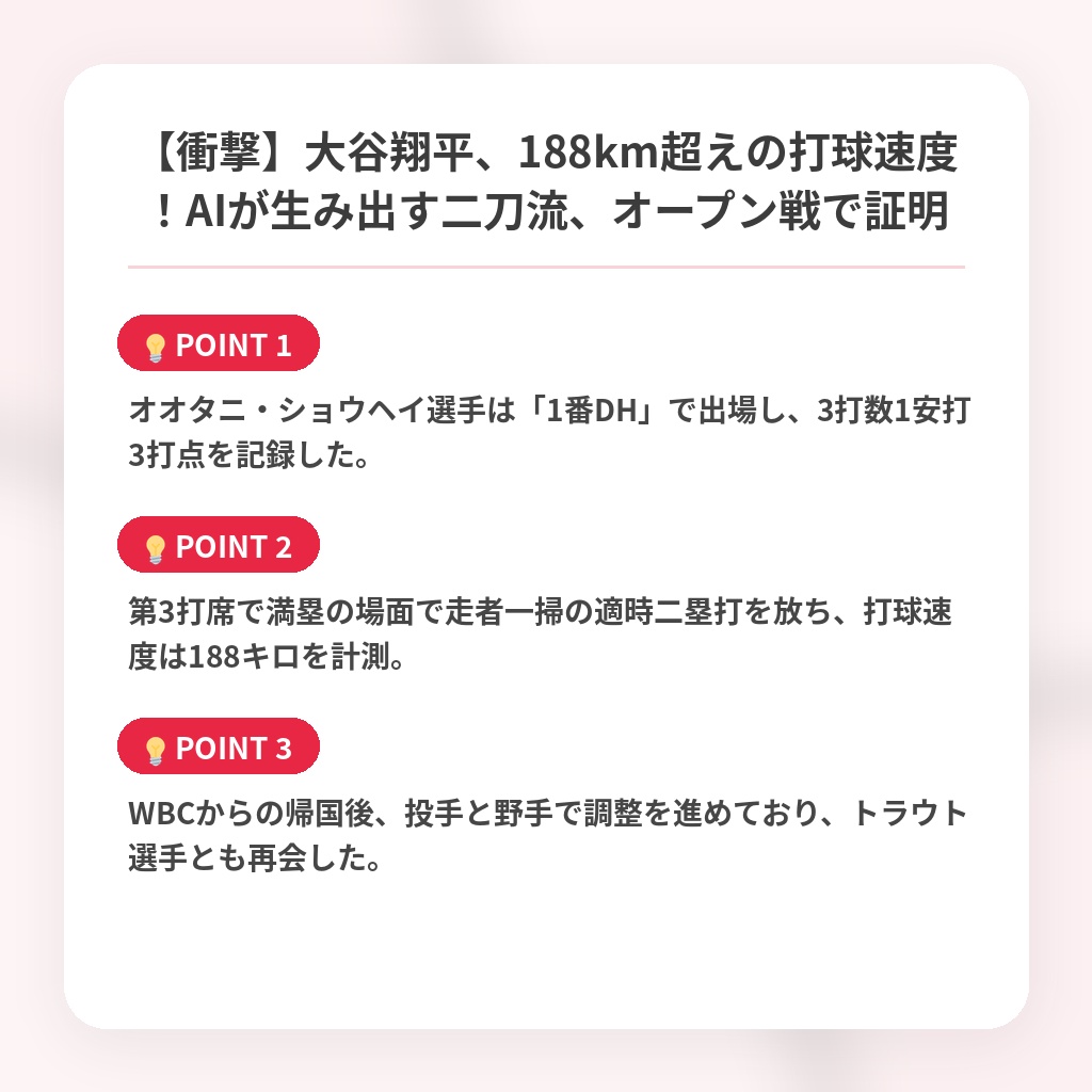 【衝撃】大谷翔平、188km超えの打球速度!AIが生み出す二刀流、オープン戦で証明の注目ポイントまとめ