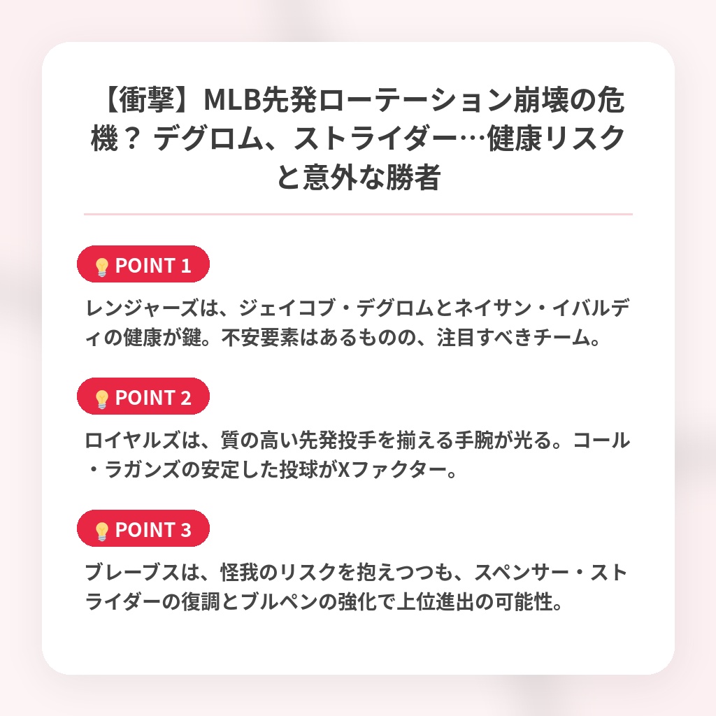 【衝撃】MLB先発ローテーション崩壊の危機？ デグロム、ストライダー…健康リスクと意外な勝者の注目ポイントまとめ