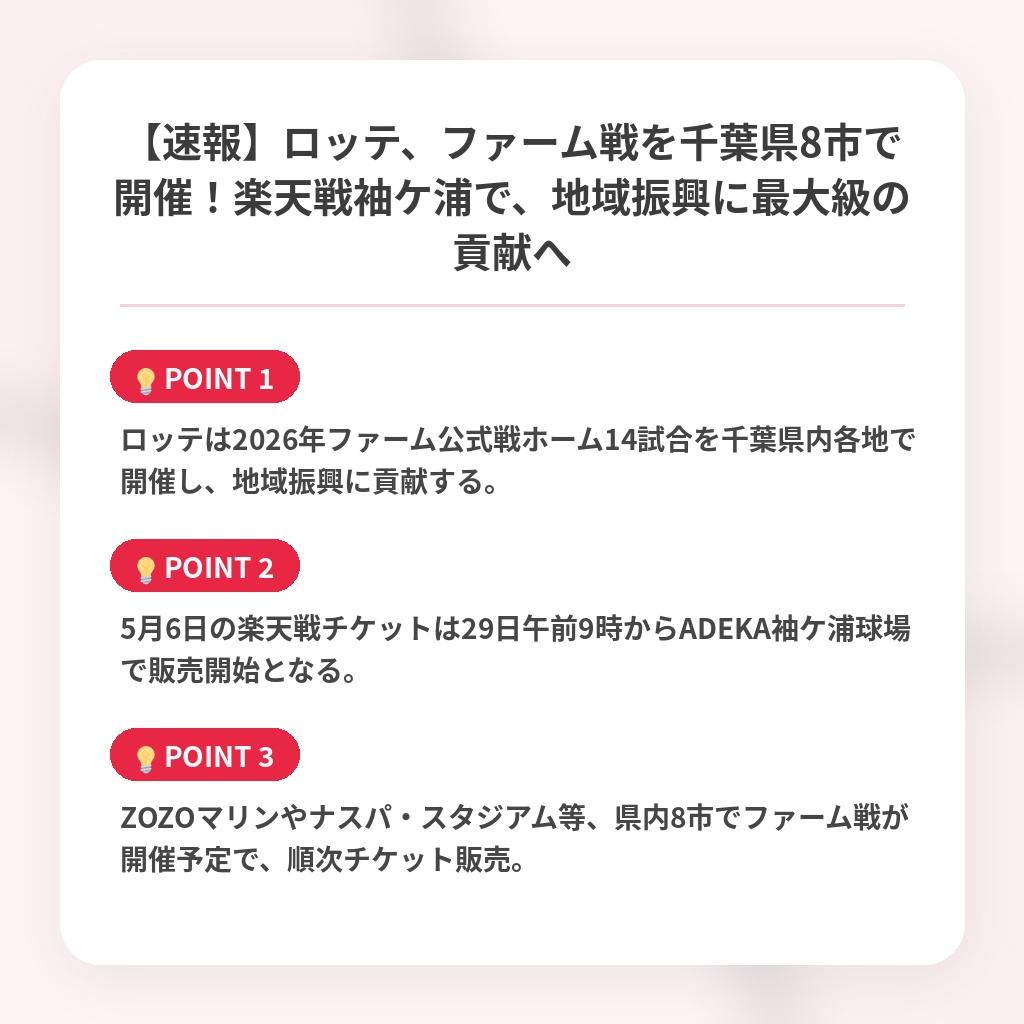 【速報】ロッテ、ファーム戦を千葉県8市で開催！楽天戦袖ケ浦で、地域振興に最大級の貢献への注目ポイントまとめ
