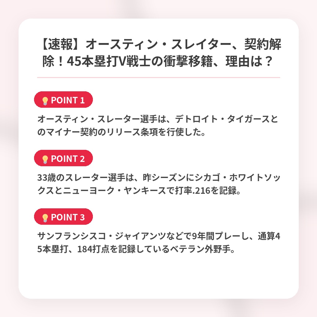 【速報】オースティン・スレイター、契約解除!45本塁打V戦士の衝撃移籍、理由は?の注目ポイントまとめ