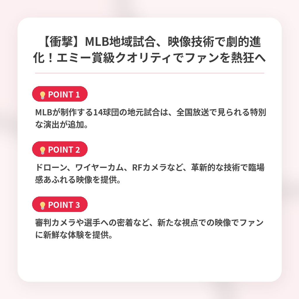 【衝撃】MLB地域試合、映像技術で劇的進化！エミー賞級クオリティでファンを熱狂への注目ポイントまとめ
