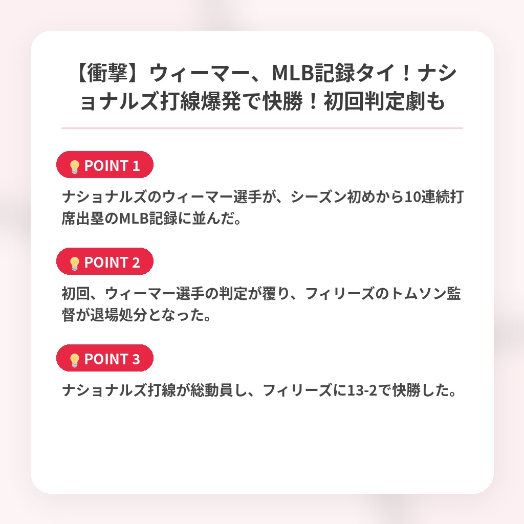 【衝撃】ウィーマー、MLB記録タイ！ナショナルズ打線爆発で快勝！初回判定劇もの注目ポイントまとめ