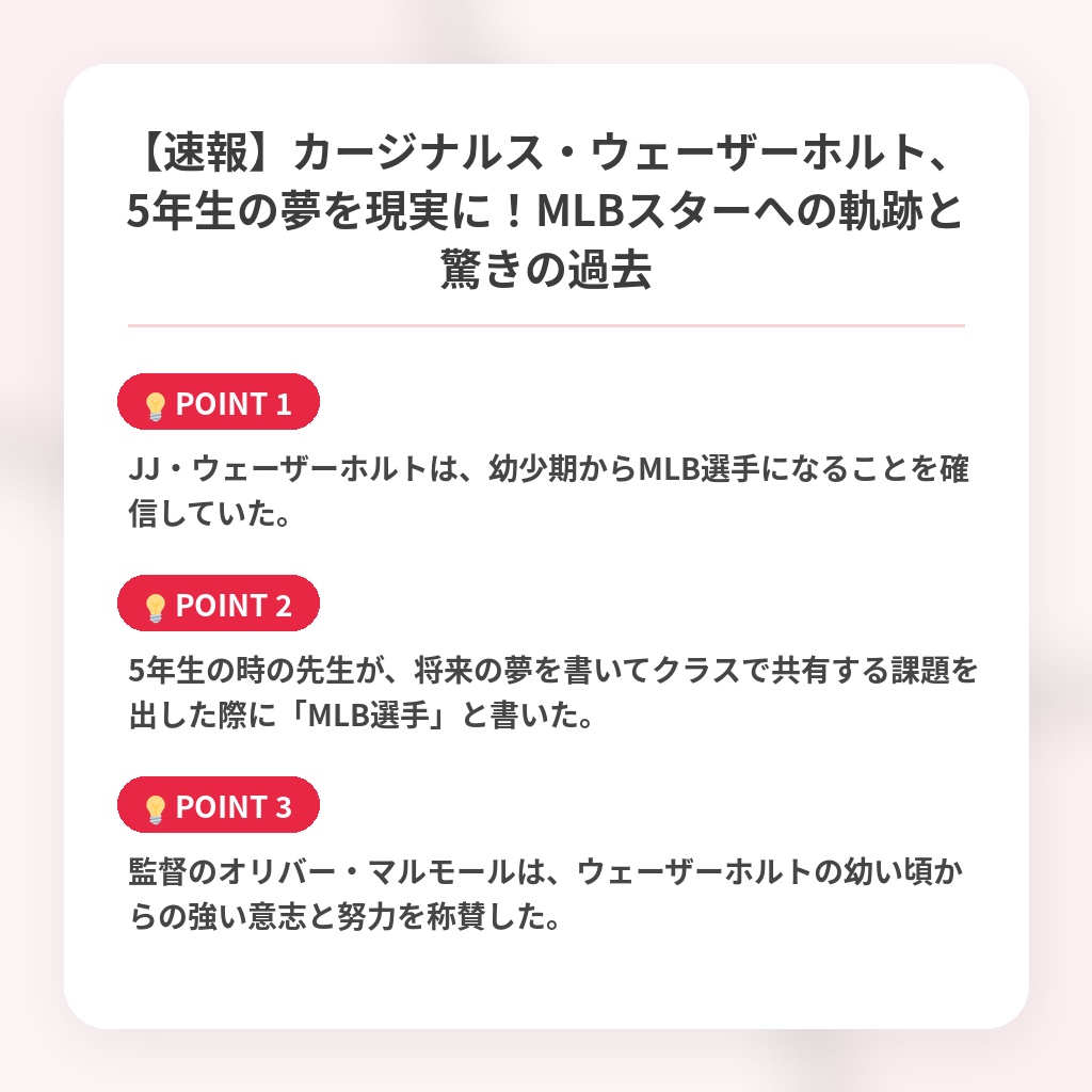 【速報】カージナルス・ウェーザーホルト、5年生の夢を現実に！MLBスターへの軌跡と驚きの過去の注目ポイントまとめ