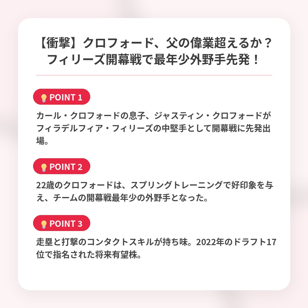 【衝撃】クロフォード、父の偉業超えるか？フィリーズ開幕戦で最年少外野手先発！の注目ポイントまとめ
