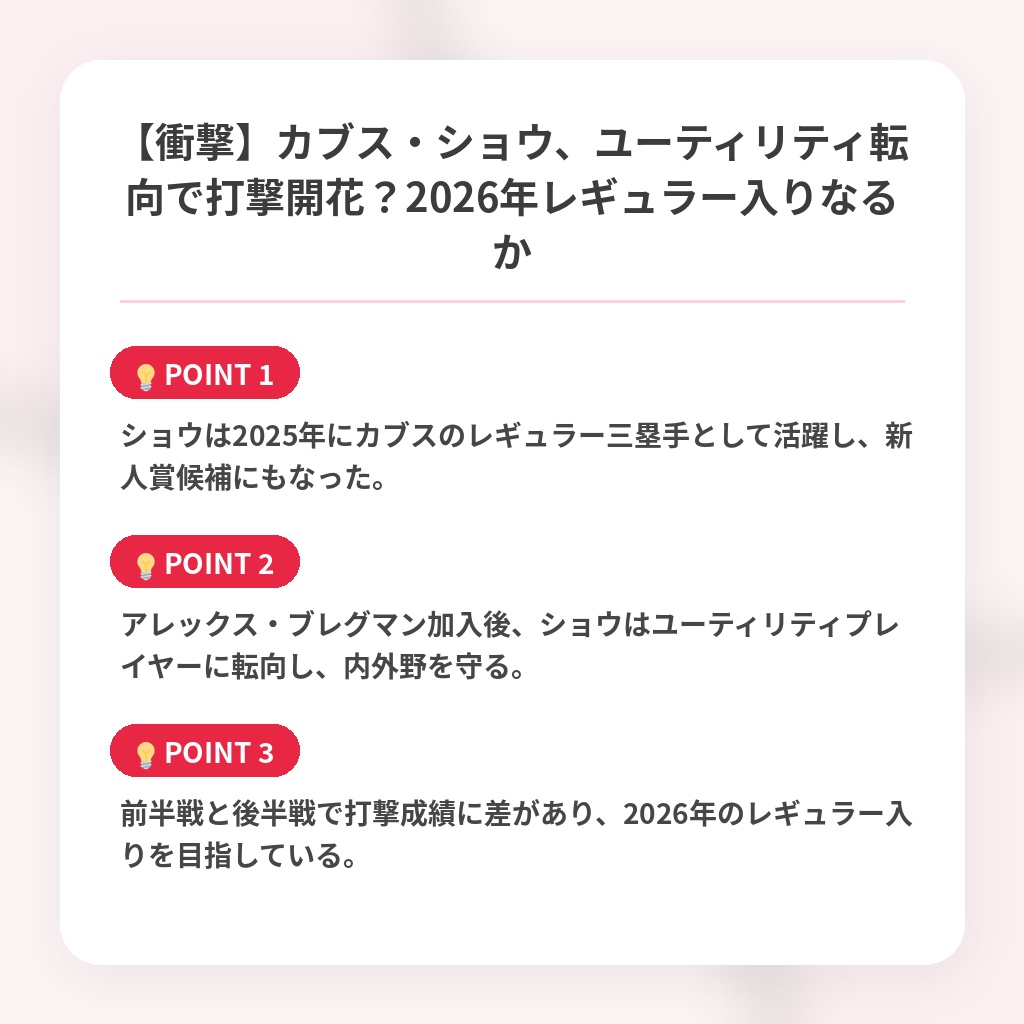 【衝撃】カブス・ショウ、ユーティリティ転向で打撃開花？2026年レギュラー入りなるかの注目ポイントまとめ