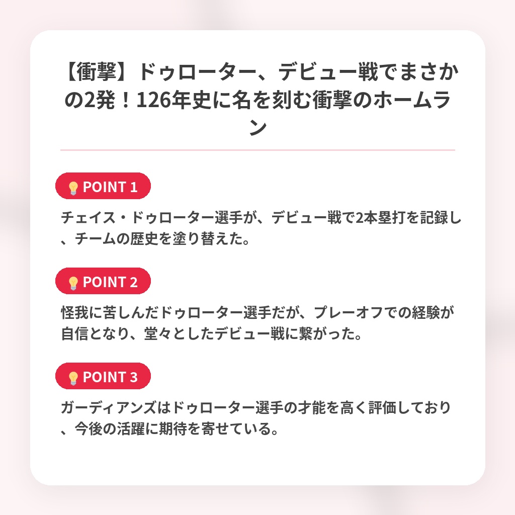 【衝撃】ドゥローター、デビュー戦でまさかの2発！126年史に名を刻む衝撃のホームランの注目ポイントまとめ