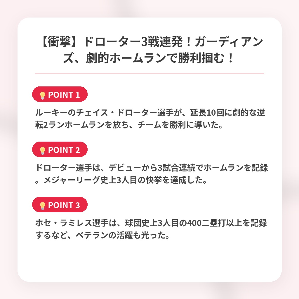 【衝撃】ドローター3戦連発！ガーディアンズ、劇的ホームランで勝利掴む！の注目ポイントまとめ