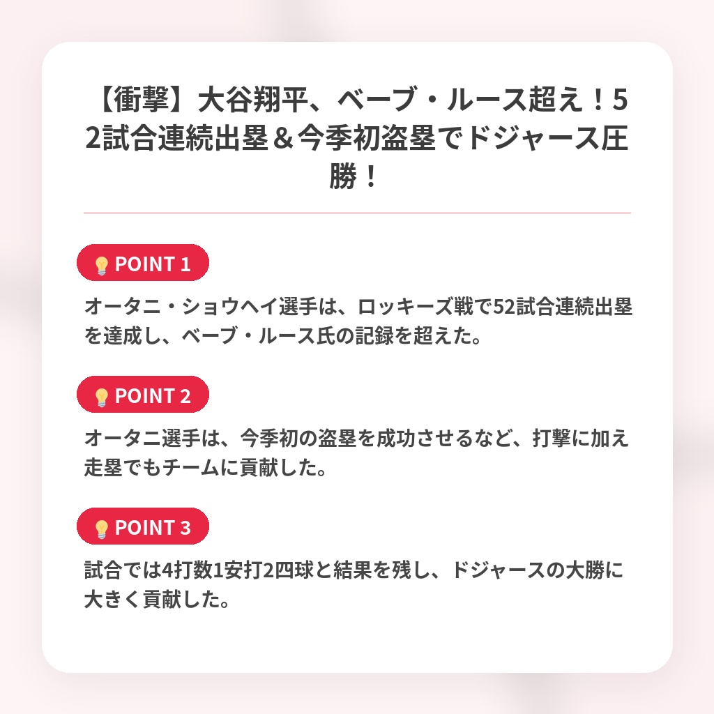 【衝撃】大谷翔平、ベーブ・ルース超え！52試合連続出塁＆今季初盗塁でドジャース圧勝！の注目ポイントまとめ