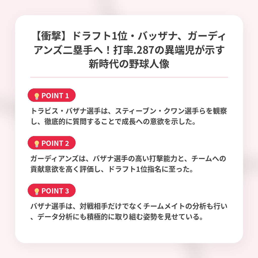 【衝撃】ドラフト1位・バッザナ、ガーディアンズ二塁手へ！打率.287の異端児が示す新時代の野球人像の注目ポイントまとめ