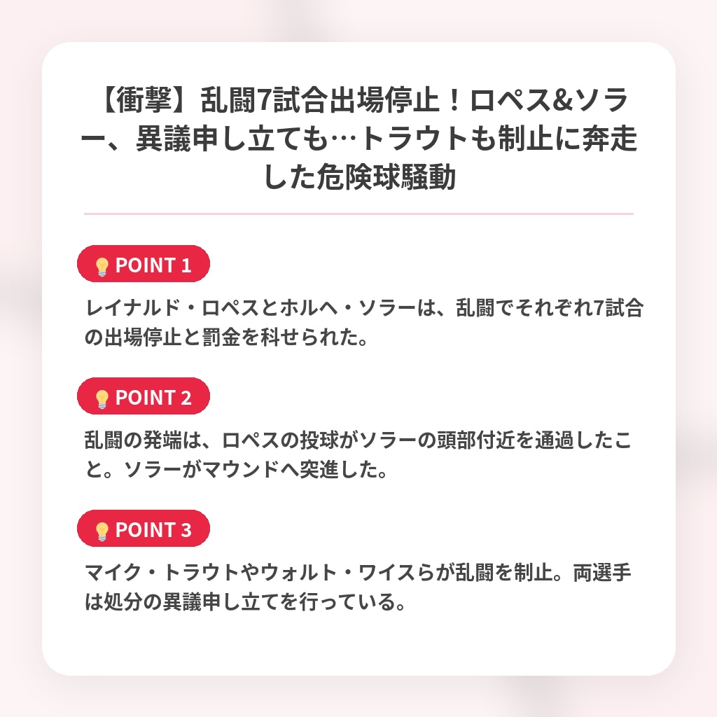 【衝撃】乱闘7試合出場停止！ロペス&ソラー、異議申し立ても…トラウトも制止に奔走した危険球騒動の注目ポイントまとめ