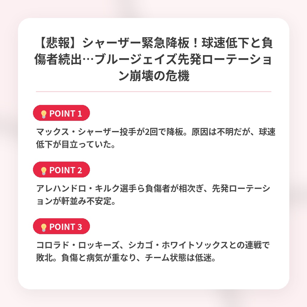 【悲報】シャーザー緊急降板!球速低下と負傷者続出…ブルージェイズ先発ローテーション崩壊の危機の注目ポイントまとめ