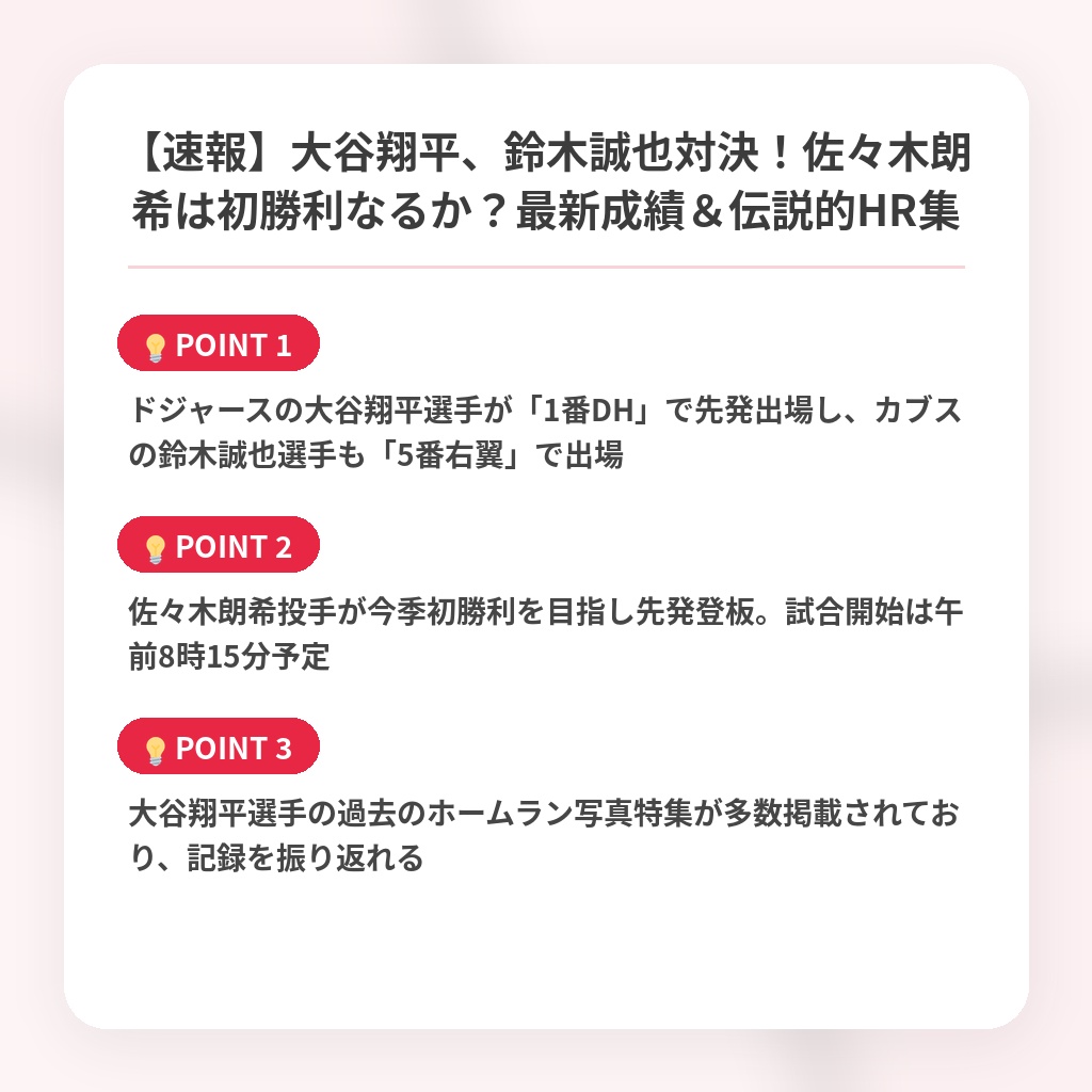 【速報】大谷翔平、鈴木誠也対決！佐々木朗希は初勝利なるか？最新成績＆伝説的HR集の注目ポイントまとめ