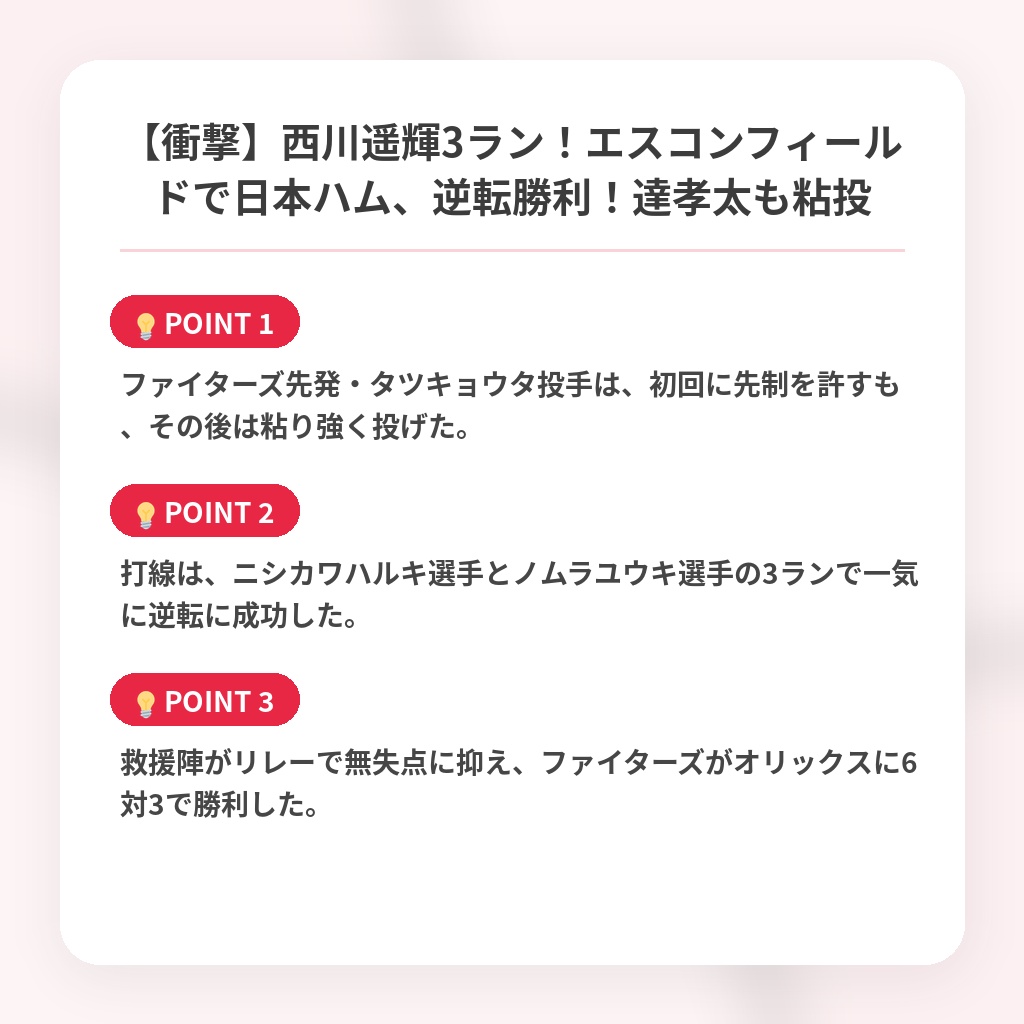 【衝撃】西川遥輝3ラン！エスコンフィールドで日本ハム、逆転勝利！達孝太も粘投の注目ポイントまとめ